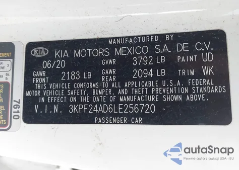 2020 Kia Forte Lxs z USA, uszkodzony, nr VIN 3KPF24AD6LE256720